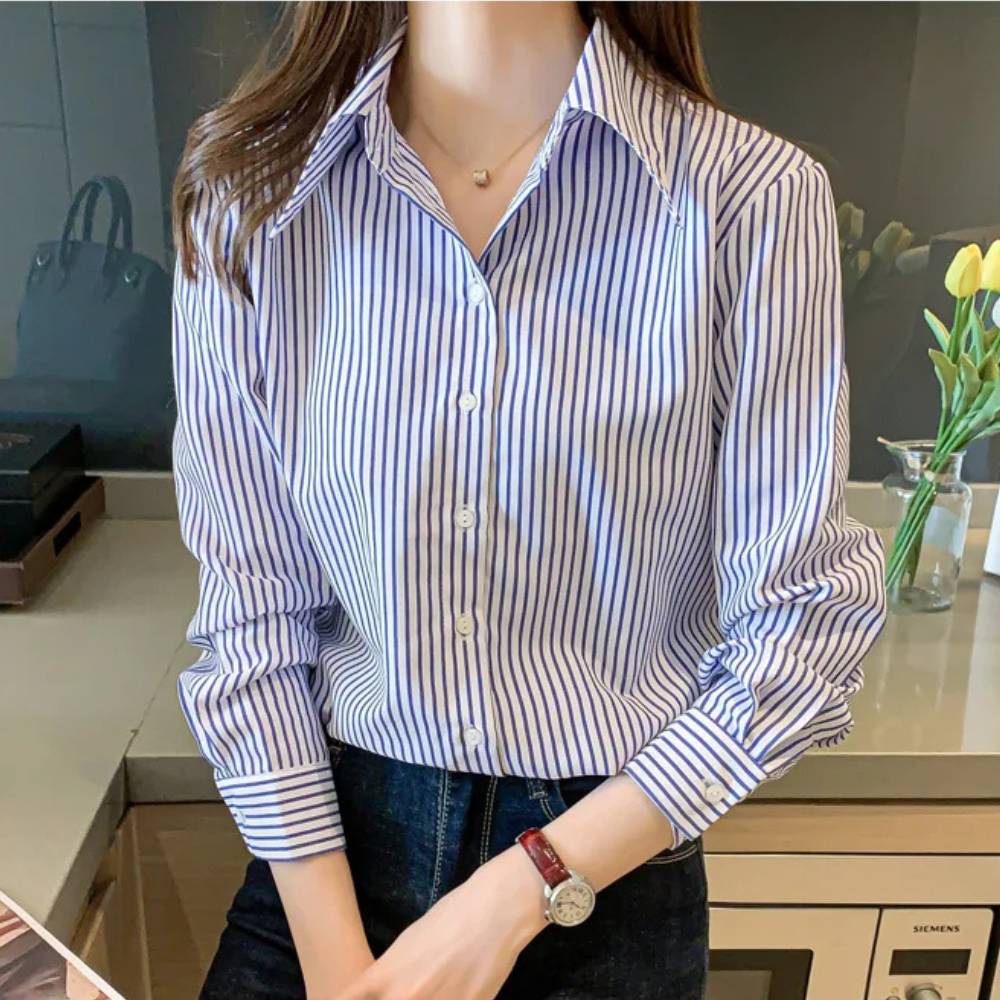 Camisa Feminina Manga Longa Listrada Azul - Forzane