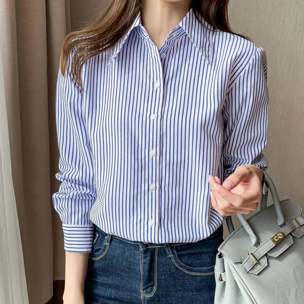 Camisa Feminina Manga Longa Listrada Azul - Forzane